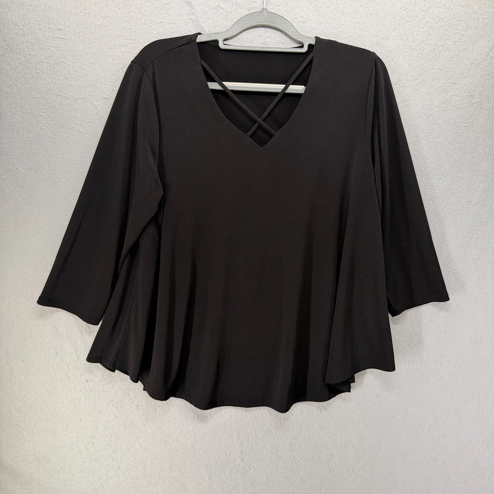 Chico's Size 1 Medium Womens Caged Knit Tunic Top Black 3/4 Sleeves Crisscross